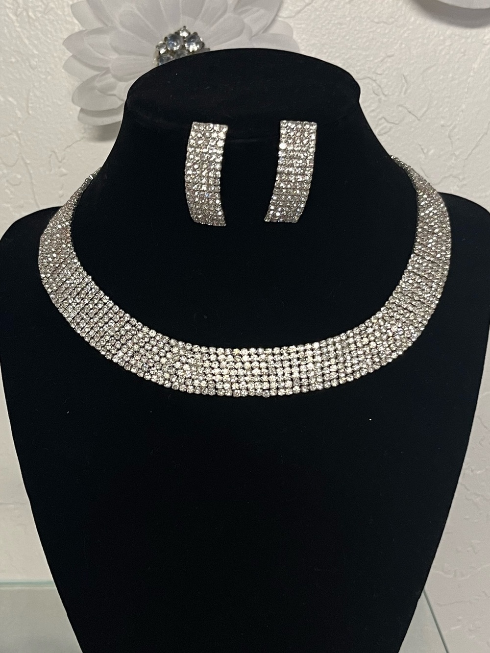 Silver Crystal Choker Necklace and Earring Set